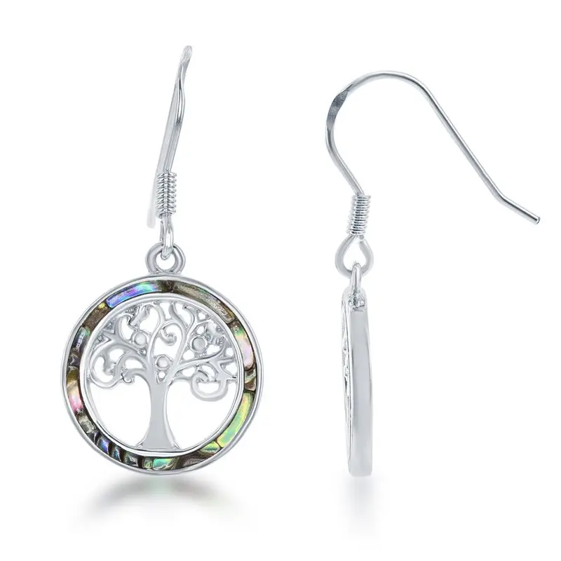 Sterling Silver Round Abalone with Center Tree of Life Earrings