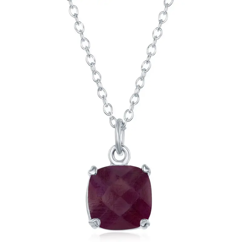Sterling Silver 'July Birthstone' Square Ruby Necklace