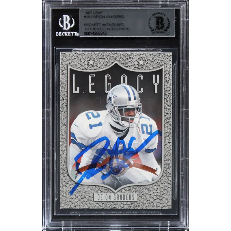 Cowboys Deion Sanders Authentic Signed 1997 Leaf #191 Card BAS Slabbed