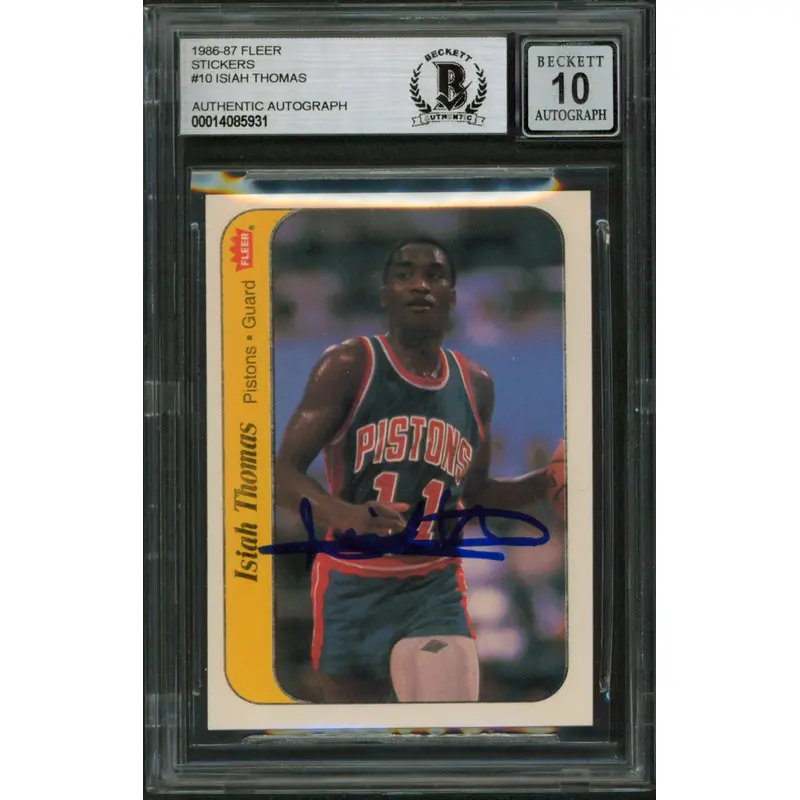 Pistons Isiah Thomas Signed 1986 Fleer Stickers #10 Card Auto 10! BAS Slabbed