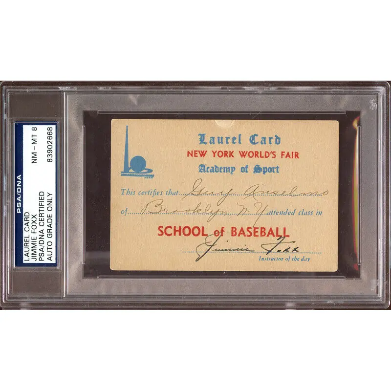 Jimmie Foxx Signed 1939 New York World Fair Laurel Card PSA DNA N MINT 8
