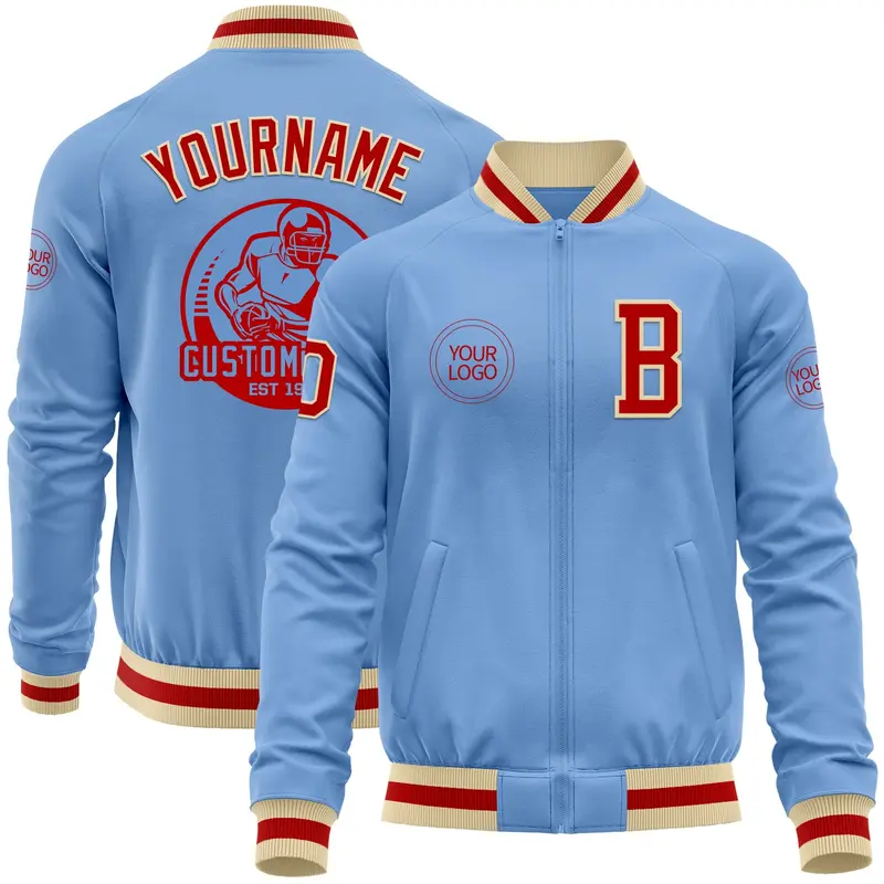 Custom Light Blue Red-Cream Bomber Varsity Letterman Zipper Jacket