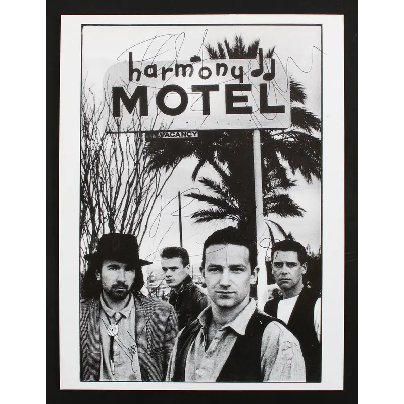 U2 (4) Bono, Edge, Clayton & Mullen Signed 7.25x10 1987 Tour Photo BAS #AA03803