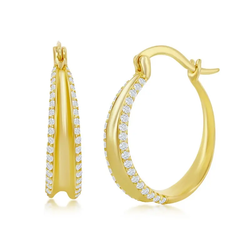 Sterling Silver, Double Row CZ Hoop Earrings - Gold Plated