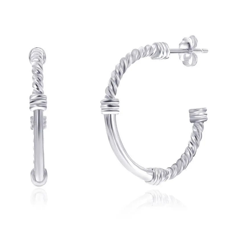 Sterling Silver, 28mm Rope & Polished Half Hoop Earrings