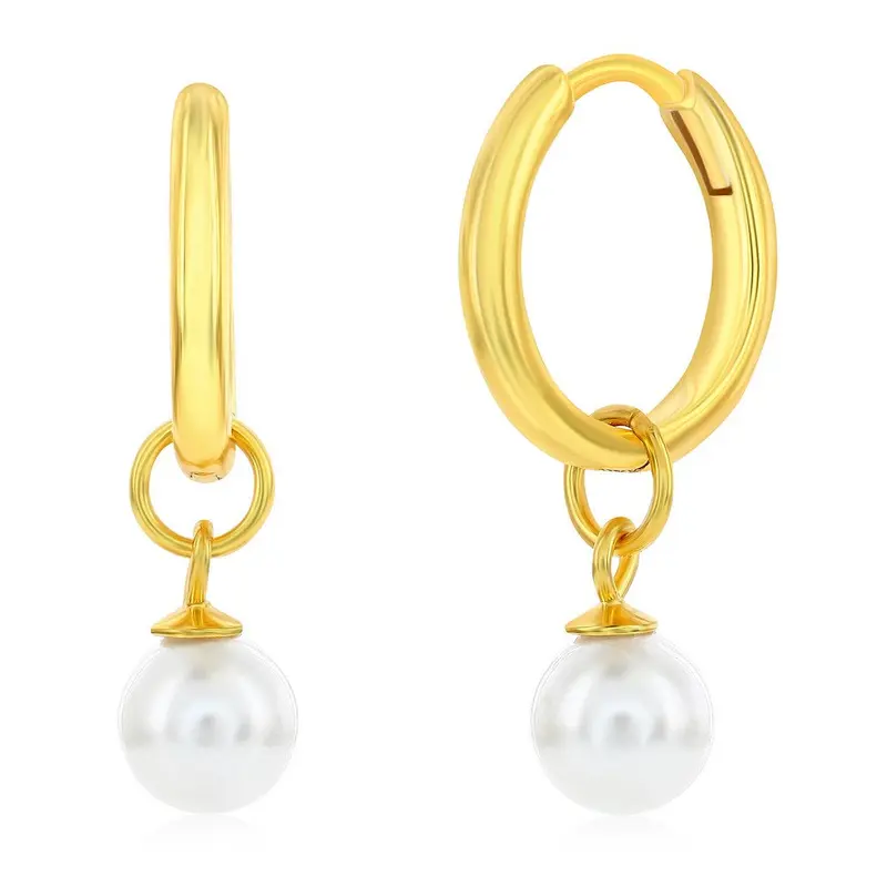 Sterling Silver Round Pearl Charm Huggie Hoop Earrings - Gold Plated