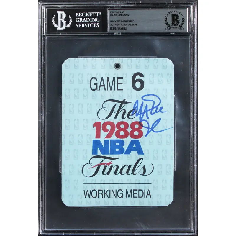 Lakers Magic Johnson Signed 4x5 1988 NBA Finals Game 6 Media Badge BAS Slabbed