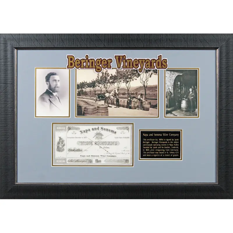 Jacob Beringer Signed & Framed 4.5x9 Napa and Sonoma Wine Stock Certificate BAS