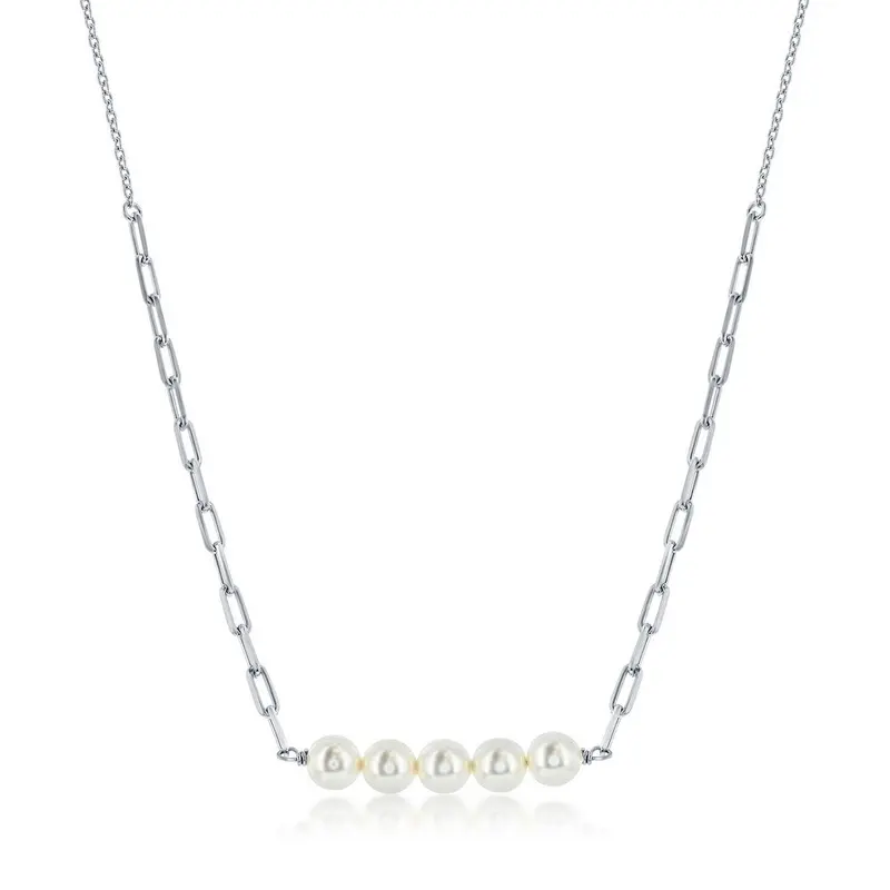 Sterling Silver Round White Simulated Pearl Bar, Paperclip Necklace