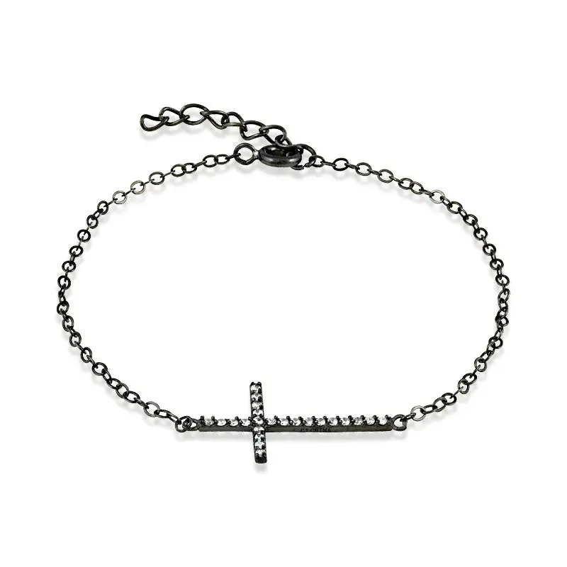 Sterling Silver, CZ Sideways Cross Bracelet - Black Rhodium