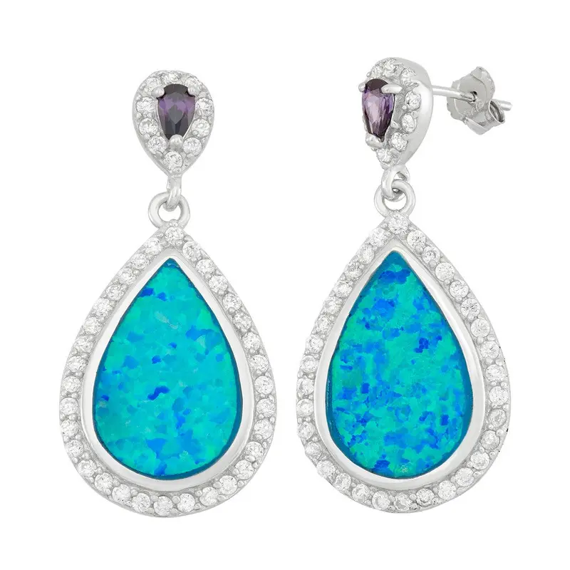 Sterling Silver Tear Shaped Blue Inlay Opal w/Purple and Clear CZs Earrings