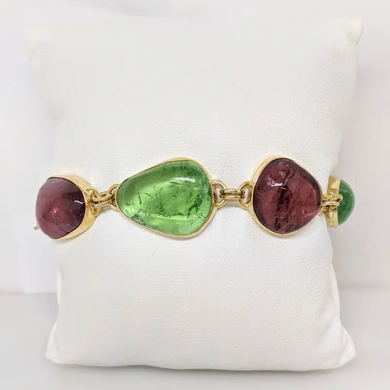 18K PINK/GREEN TOURMALINE FREE FORM CABACHON ESTATE BRACELET 34.1 GRAMS