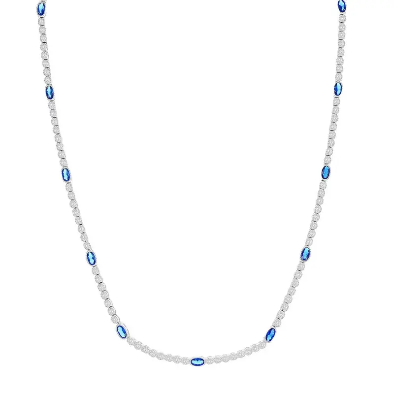 Sterling Silver Beaded Outline Oval & Round CZ Tennis Necklace - Sapphire
