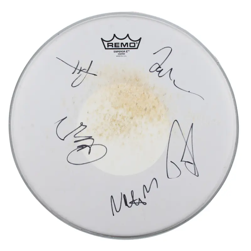 Foo Fighters (5) Grohl, Hawkins +3 Signed 15 Concert Used Drum Head BAS #AE21091