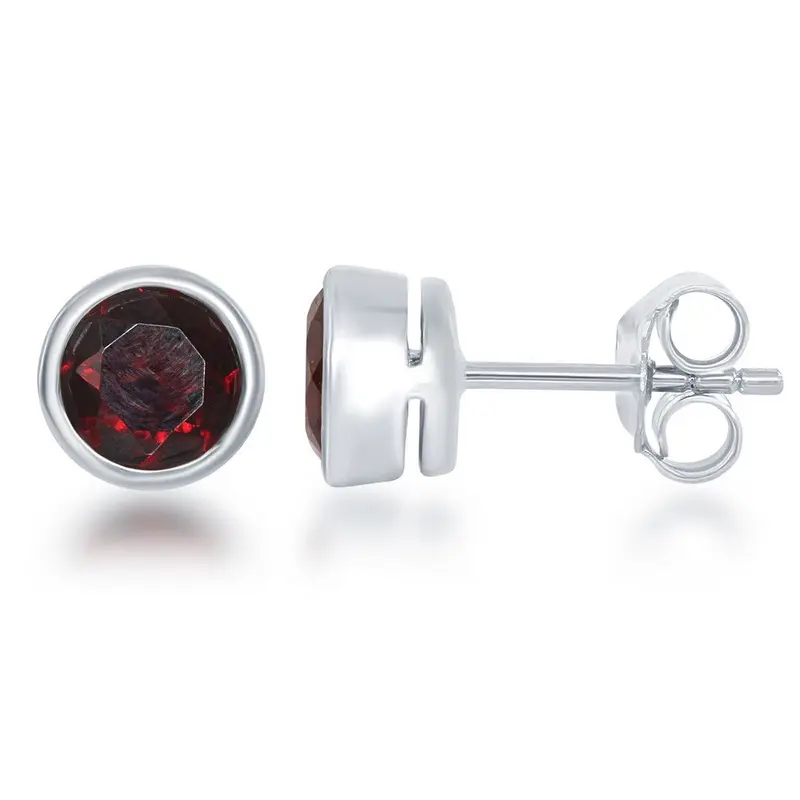 Sterling Silver, "January" Bezel Set Gem Studs - Garnet