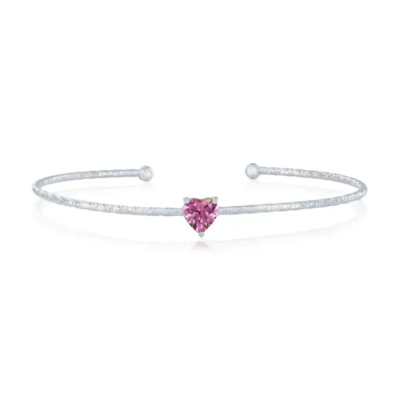 Sterling Silver, 'October' Birthstone CZ Heart Bangle - Pink