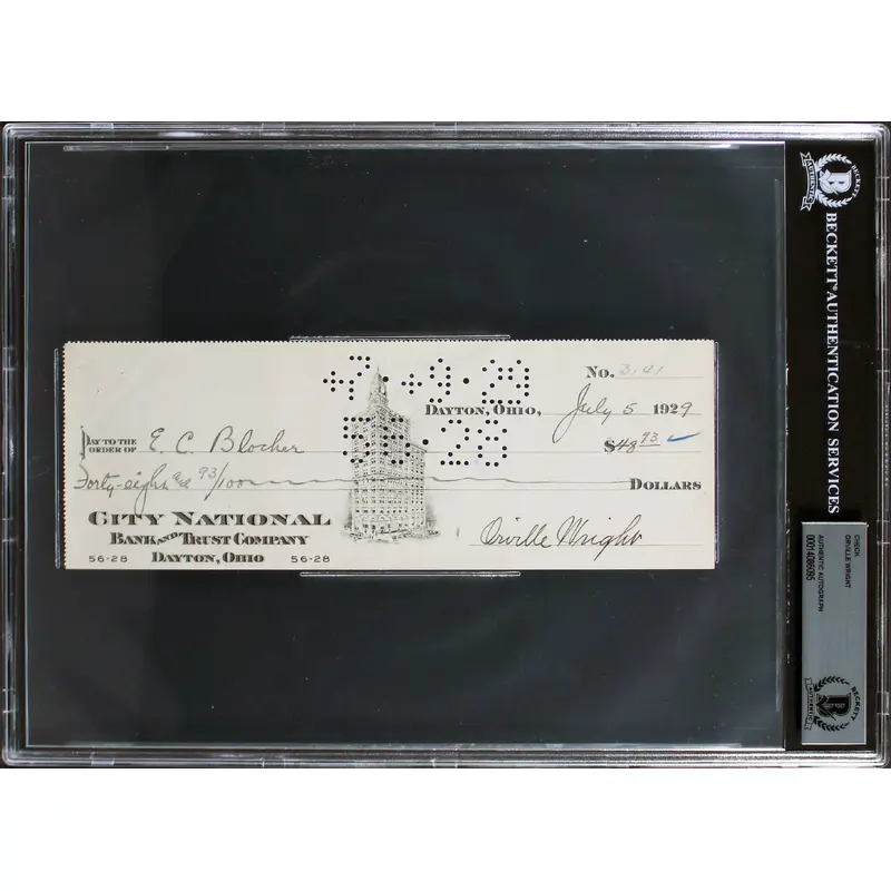 Orville Wright Authentic Signed 3.1x8.9 1929 Check Dated Auto 9! BAS Slabbed