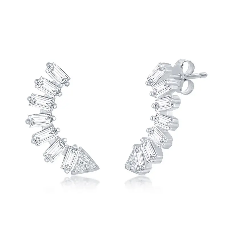 Sterling Silver, Baguette CZ Curved Arrow Stud Earrings