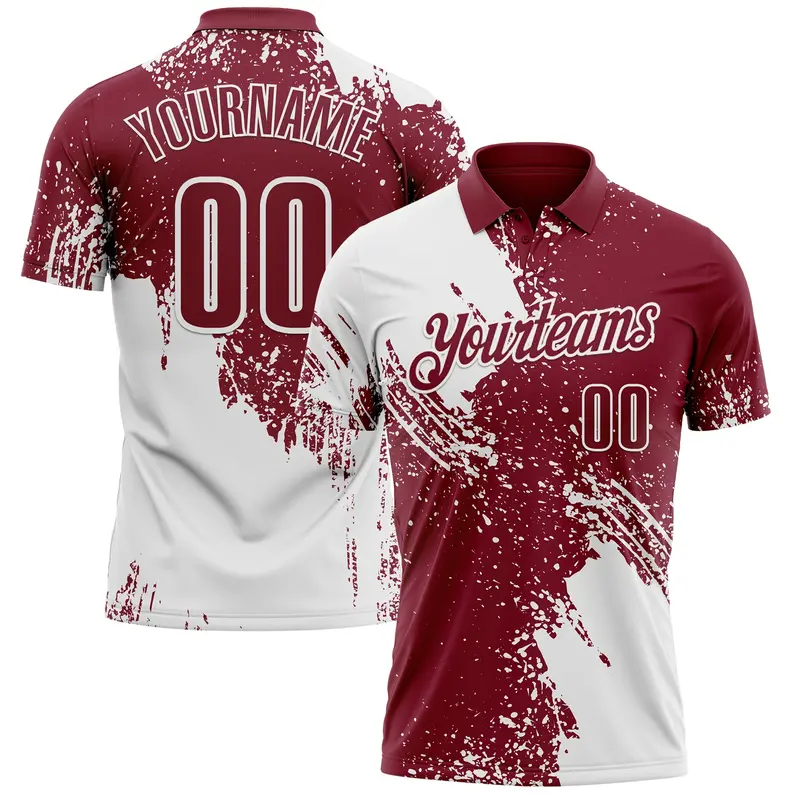 Custom White Crimson 3D Pattern Design Abstract Brush Stroke Performance Polo Shirt