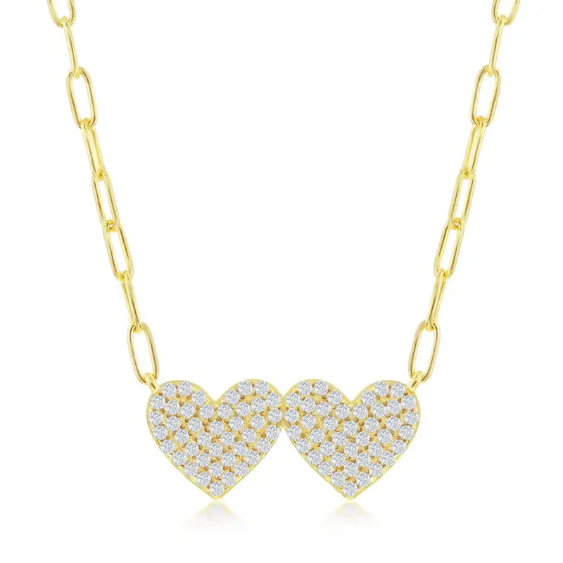 Sterling Silver Double Heart CZ Paperclip Necklace - Gold Plated