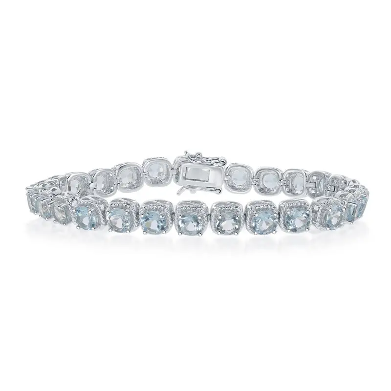 Sterling Silver Square Gem Bracelet, with Rope Border Design - Blue Topaz