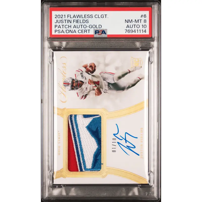 Justin Fields 2021 Panini Flawless Collegiate Gold Patch Auto #1/10 PSA 8 Auto 10