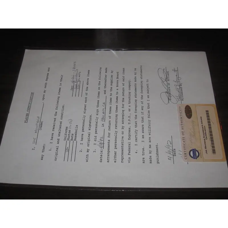 Joe Montana Autographed Scoreboard Certification, Steiner COA