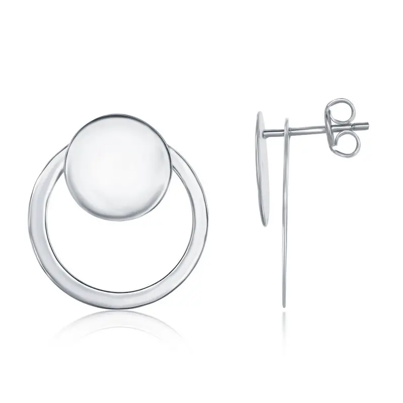 Sterling Silver Shiny Disc with Open Hoop Earrings