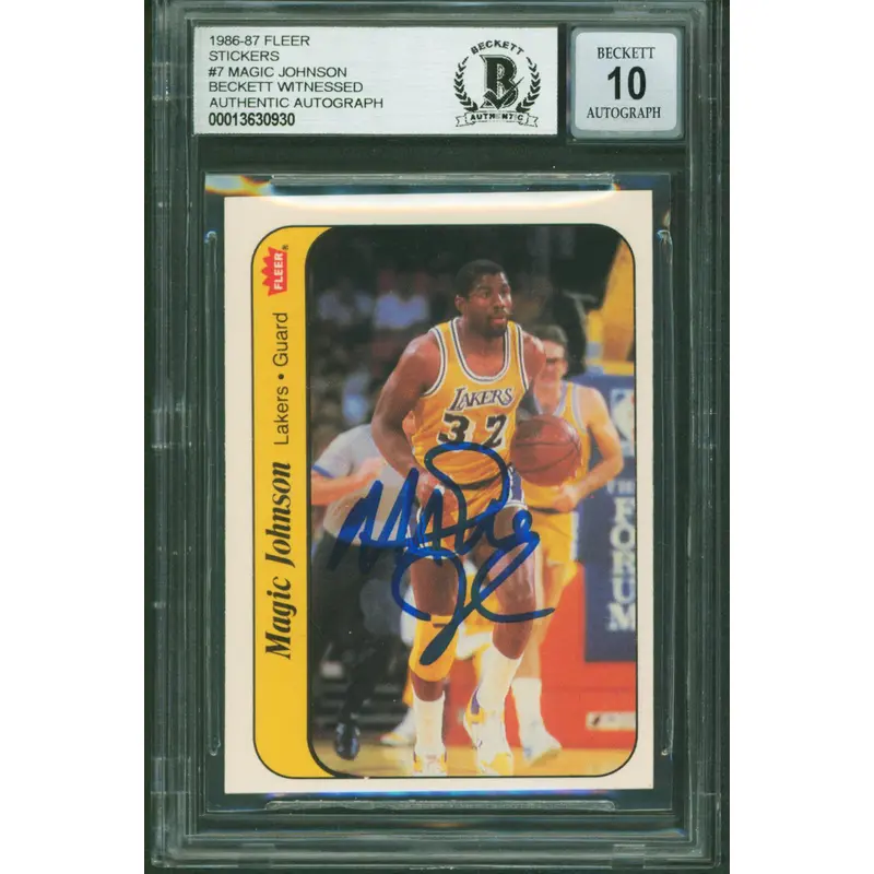 Lakers Magic Johnson Signed 1986 Fleer Stickers #7 Card Auto 10! BAS Slabbed
