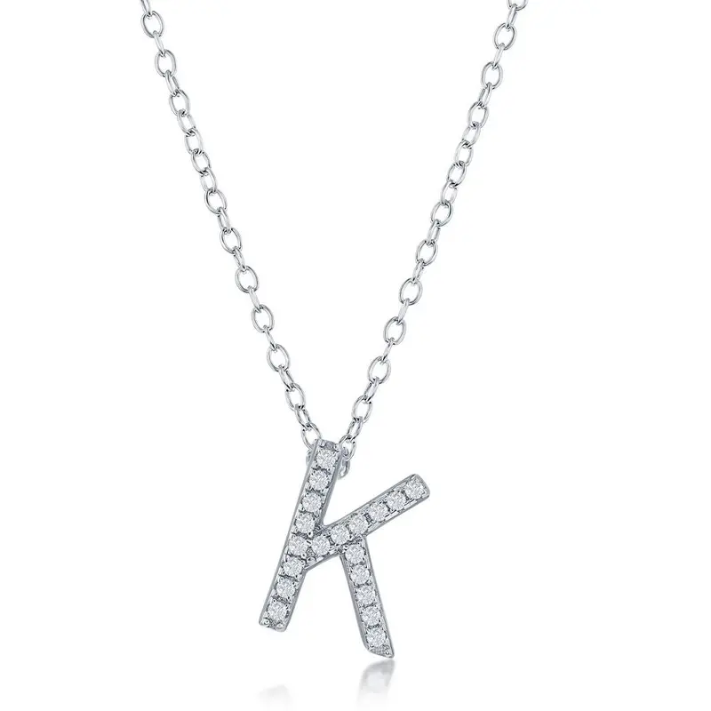 Sterling Silver Micro Pave "K" Pendant Necklace