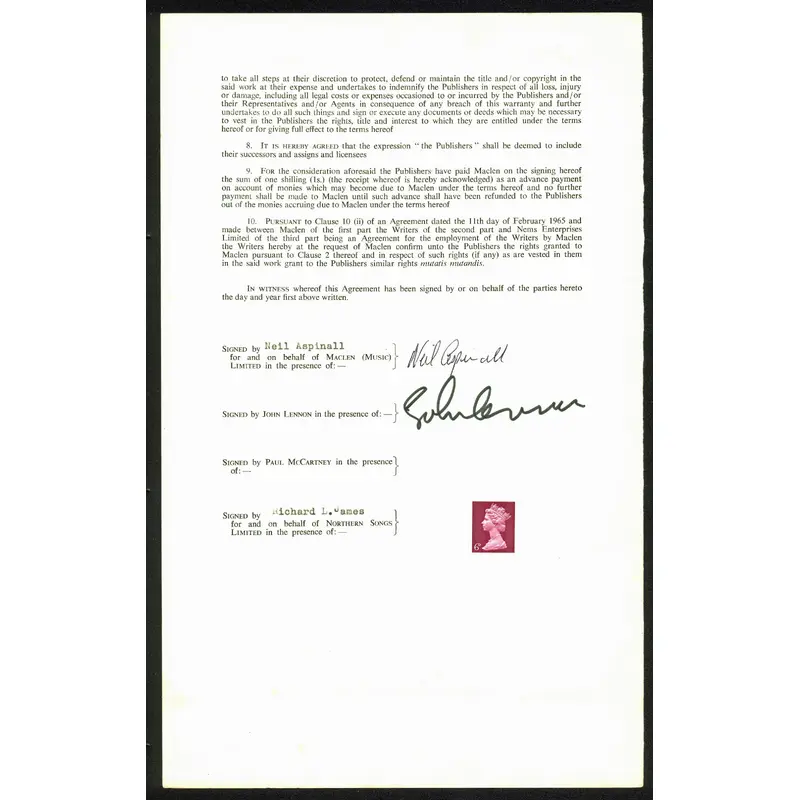 Beatles John Lennon & Neil Aspinall  Signed 1968 Publishing Contract BAS #A86832