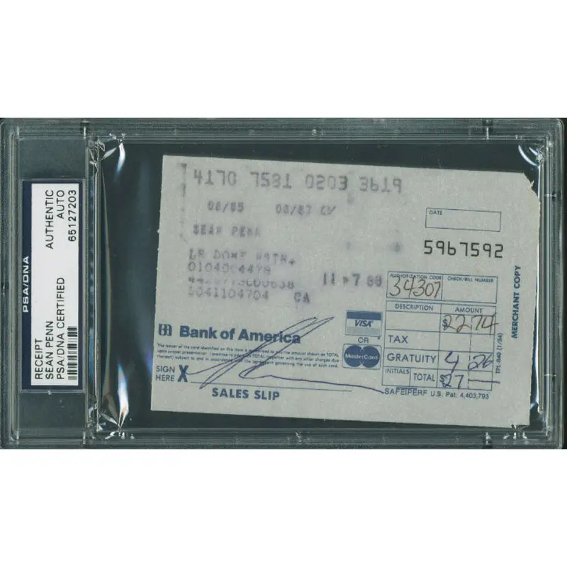 Sean Penn Authentic Signed 3.25X4.75 Receipt Autographed PSA/DNA Slabbed