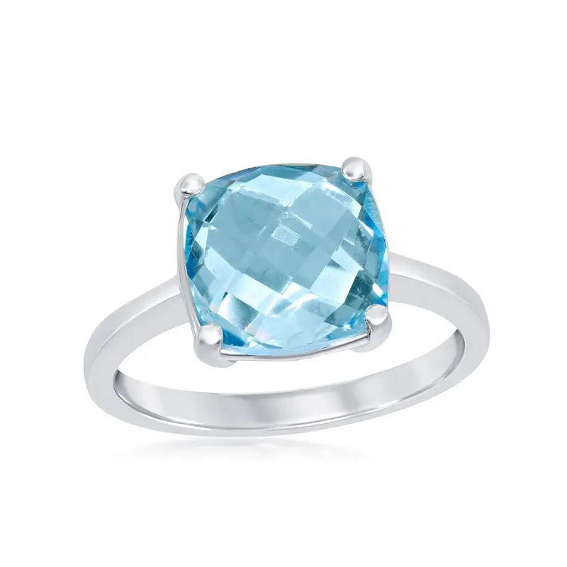 Sterling Silver Four-Prong Checkered Blue Topaz Ring