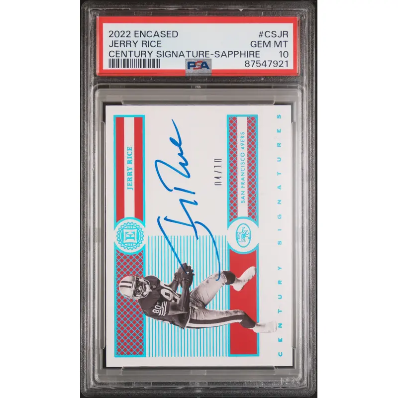 Jerry Rice 2022 Panini Encased Century Signature Sapphire #4/10 PSA 10 Gem Mint
