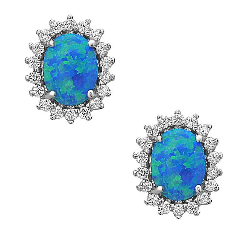 Sterling Silver Oval CZ with Center Blue Inlay Opal Earrings