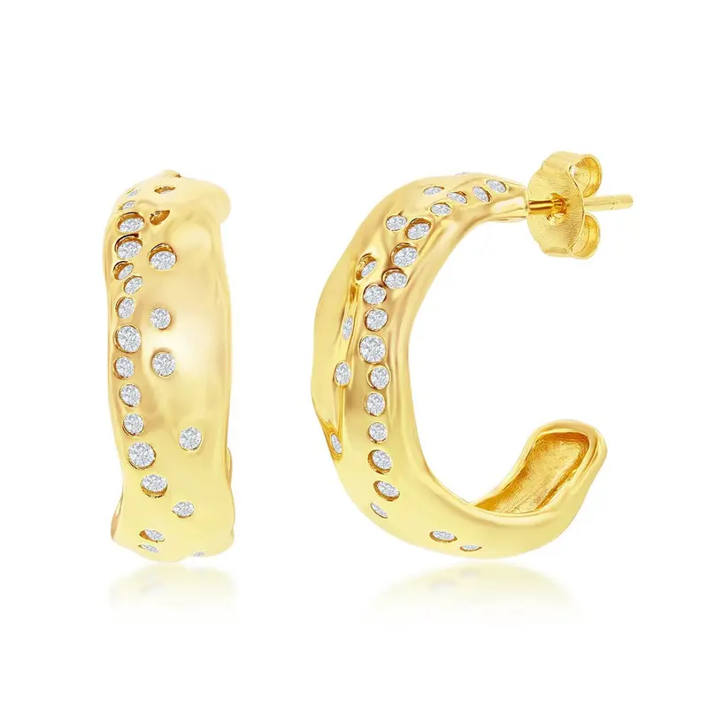Sterling Silver, Scattered CZ 20mm Hoop Earrings - Gold Plated